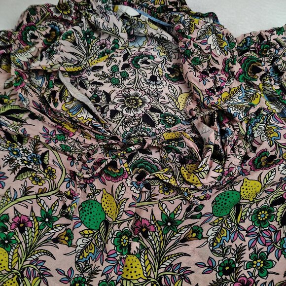 Boden Ruffle Neck Blouse Womens US 12 Pink Floral Lemon Lime Print - Picture 9 of 14
